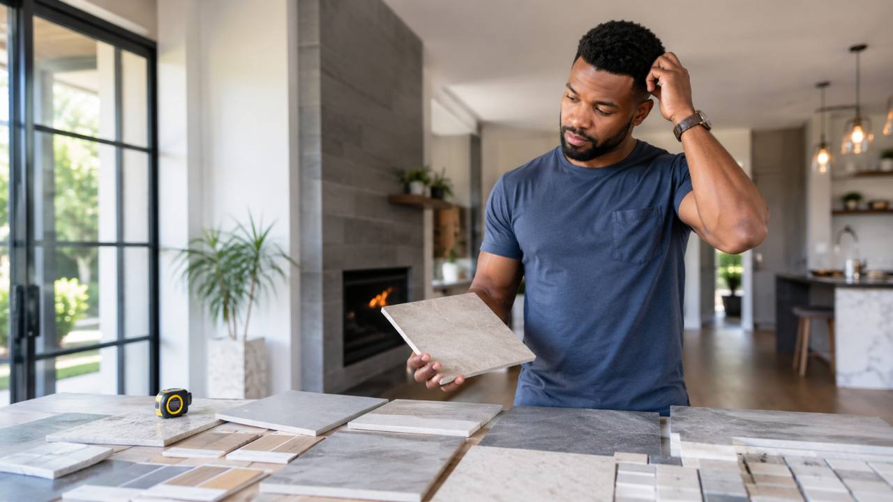 Person comparing tile samples before choosing a finish